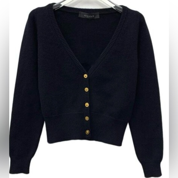 Versace Sweaters - Versace Women's Black Cardigan V-Neck with 5 Gold Medusa Buttons .